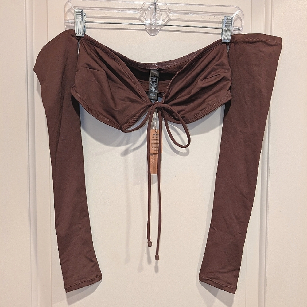 SKIMS Swim Cocoa Brown Off-Shoulder Long Sleeve Bikini Top Size Small